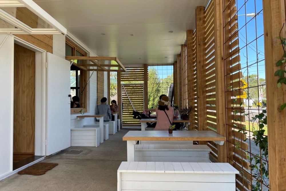 Exterior seating at Mountain River Patisserie Runcorn