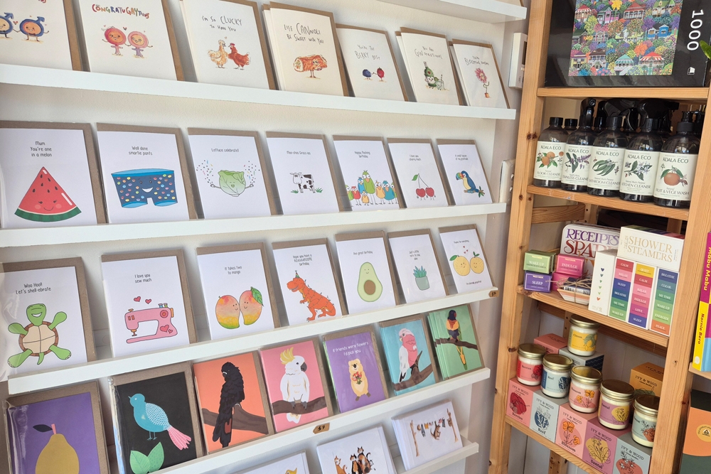 Shelves of cards for sale at Mumbleberry 