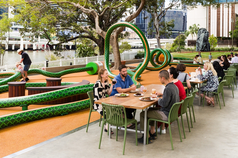 People sitting at alfresco tables at GOMA Bistro