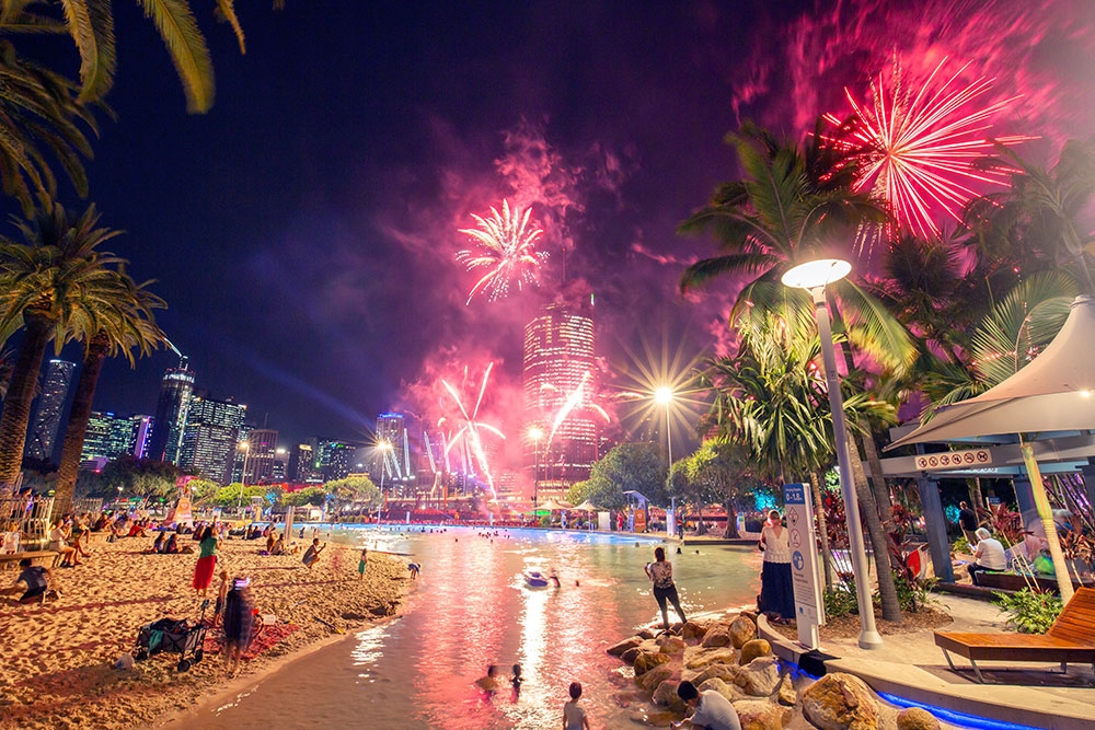 Fireworks over Brisbane River from South Bank