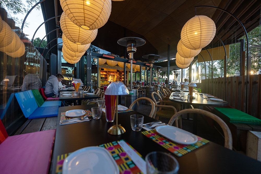 Seating with lanterns at Naga Thai South Bank