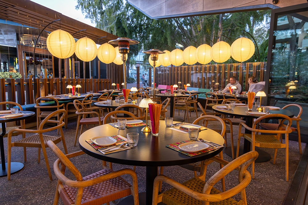 Lanterns, tables and chairs at Naga Thai South Bank