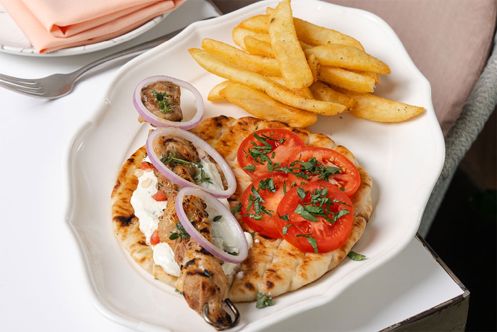 Plate of Greek food at Opa Bar & Mezze