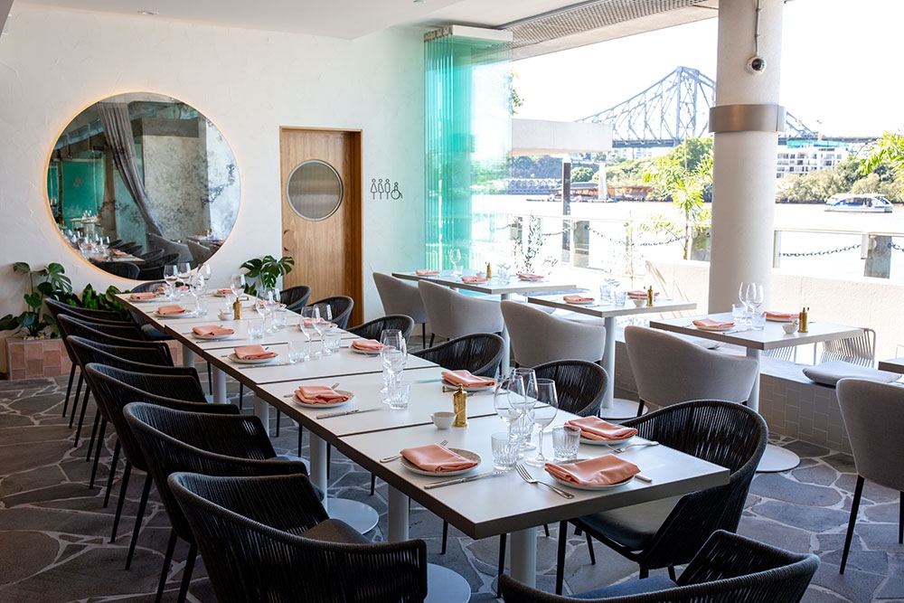 Interior seating overlooking Story Bridge and Brisbane River at Opa Bar & Mezze