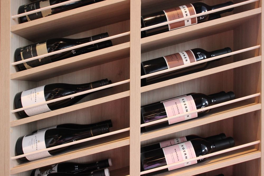 Bottles of wine in racks at Pablo's Pantry, Woolloongabba 