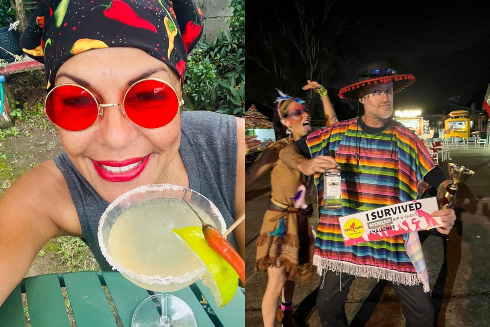 Woman with martini and a couple dressed up holding bottle and trophy at the Queensland Superhot Chilli Festival