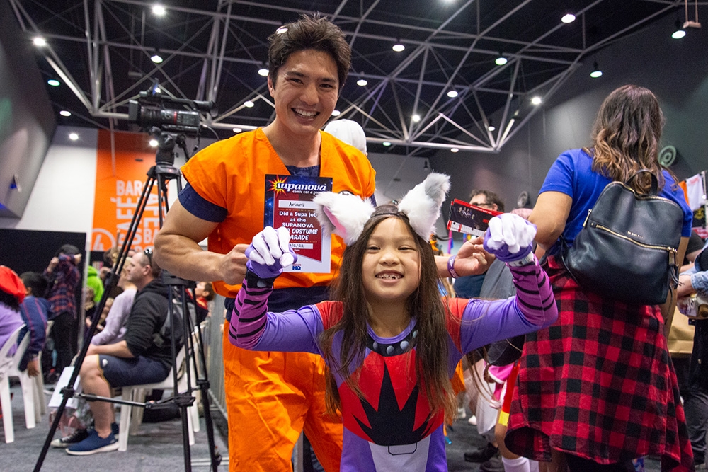 Man and girl dressed as cosplay characters at the Supanova 2026 Gold Coast Convention & Exhibition Centre