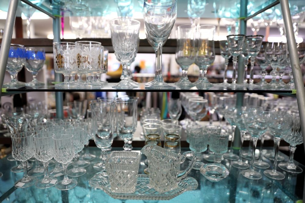 Glassware for sale inside RSPCA Op Shop, New Farm 