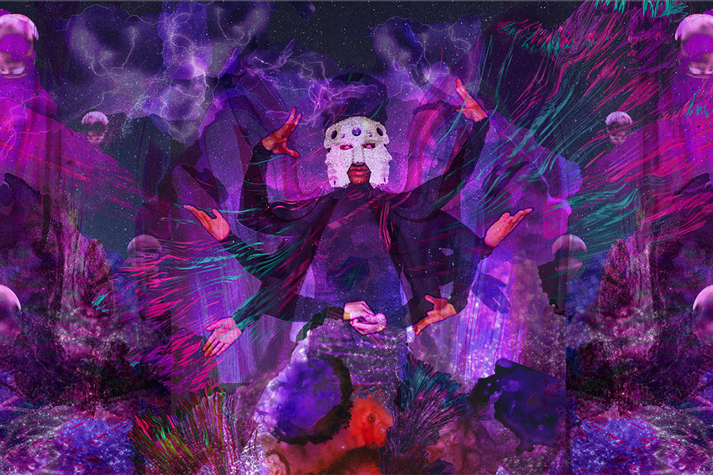 man waving arms wearing mask art piece 