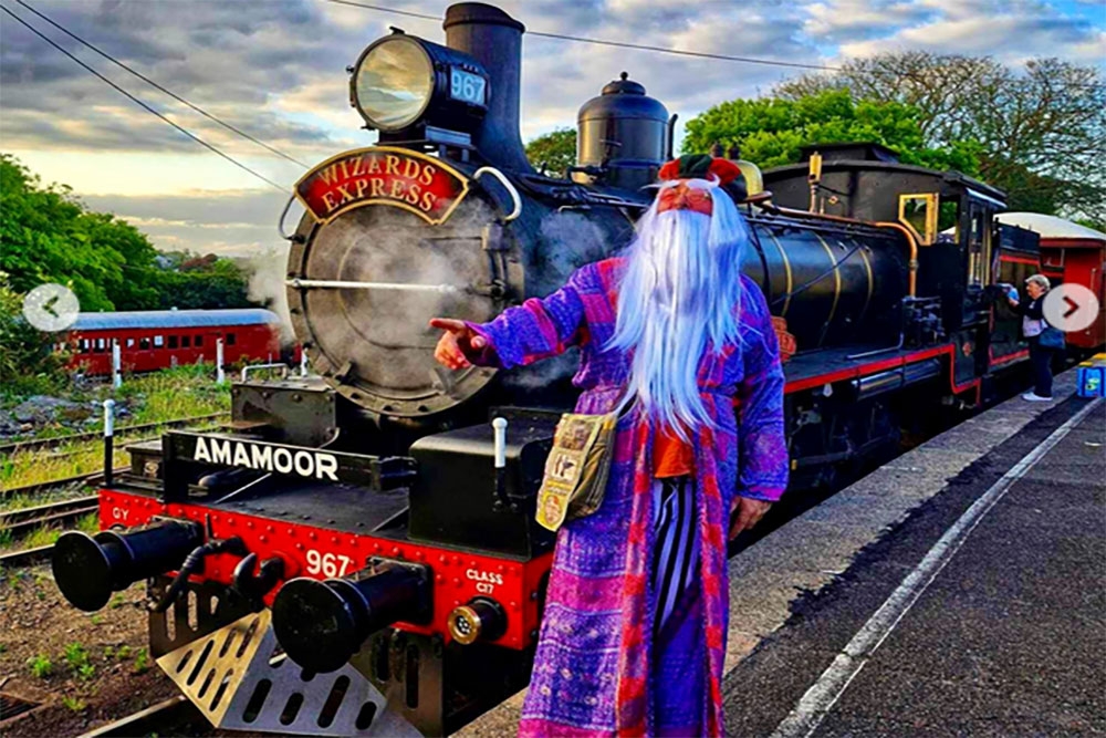 Wizard standing alongside train