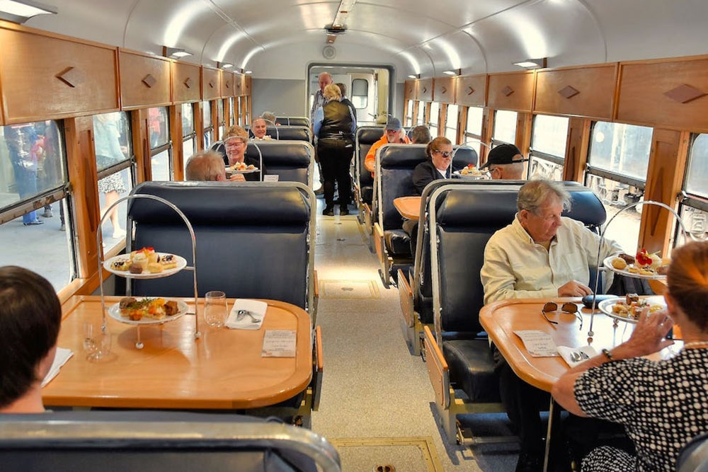 Interior of a vintage Silver Bullet Railmotor 