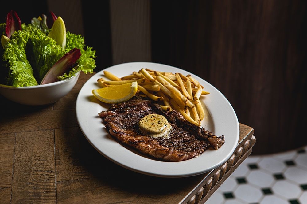 Plate of steak and chips at South City Wine Bar Woolloongabba