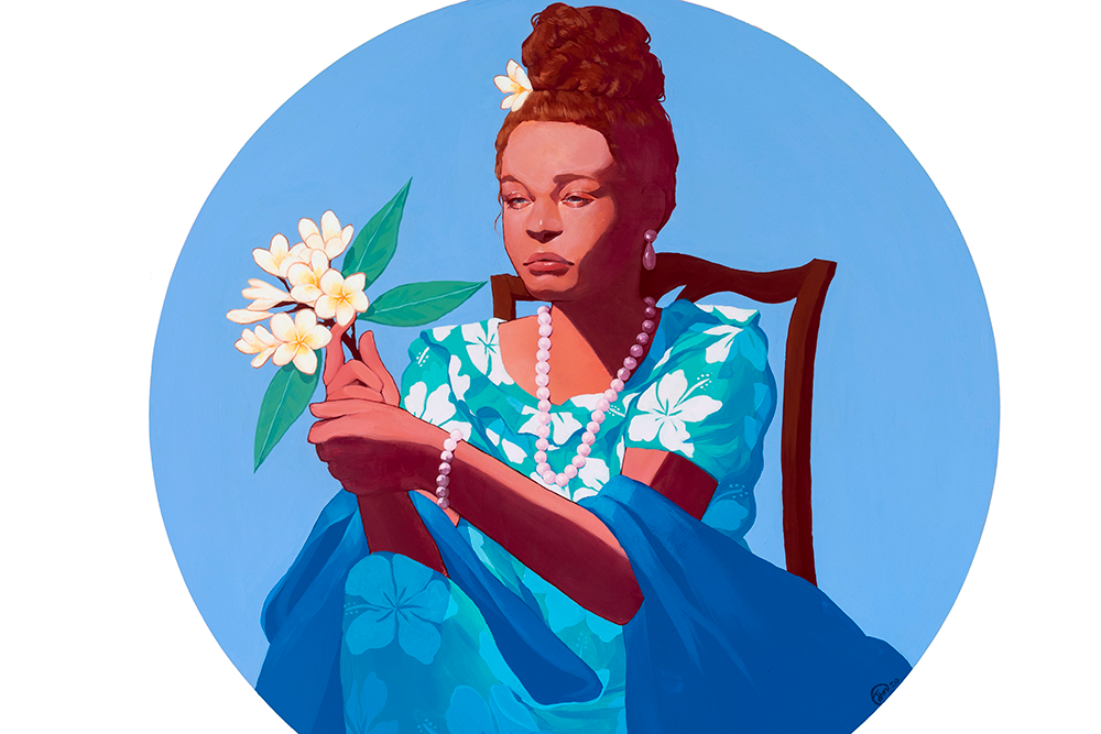 lady sitting in chair wearing blue dress holding white flowers 