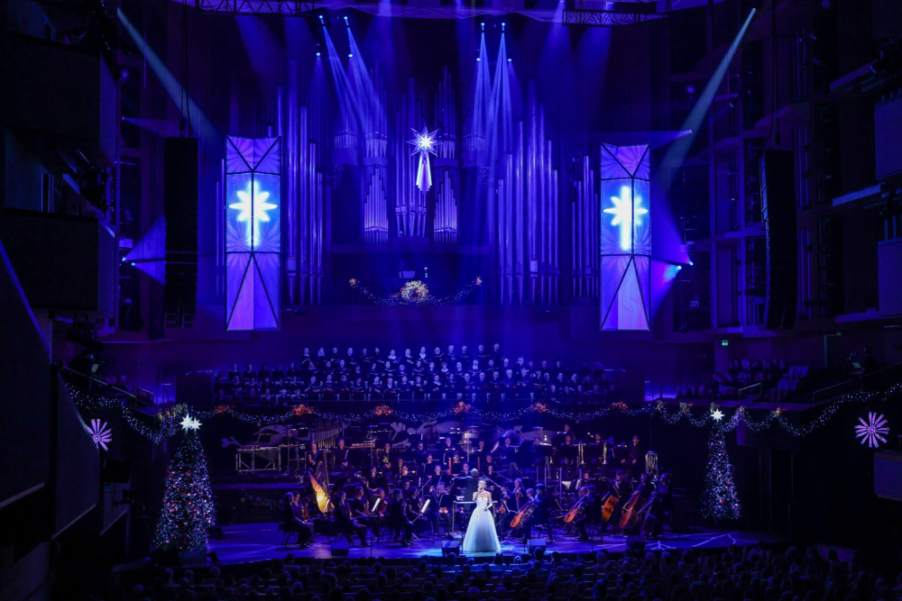 concert with performer in the middle of stage