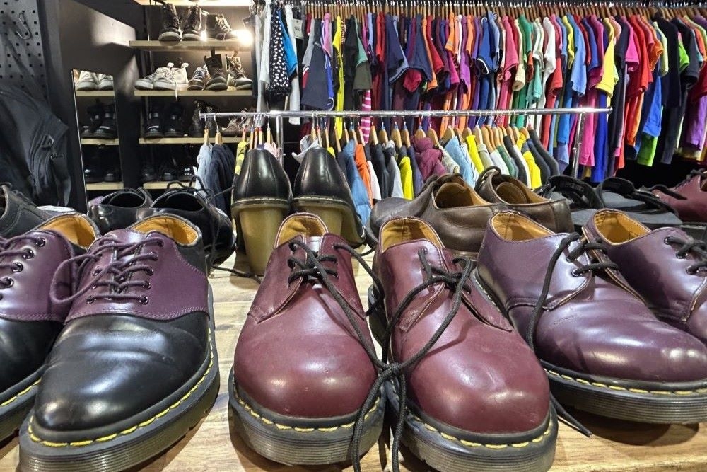 Shoes on shelves inside Vintage Street, Stones Corner 