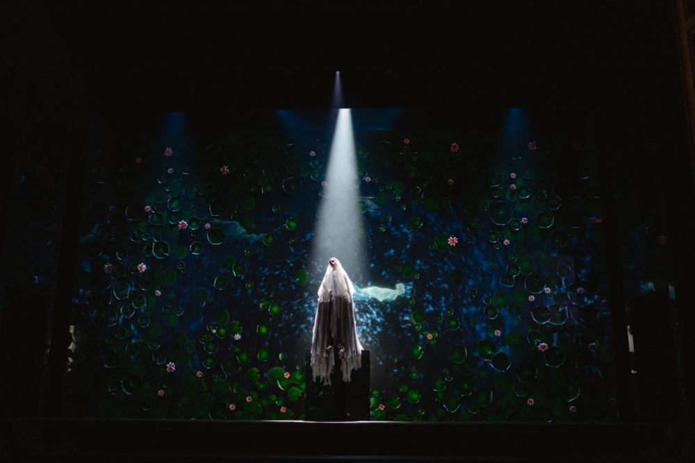 Performer in spotlight on stage 