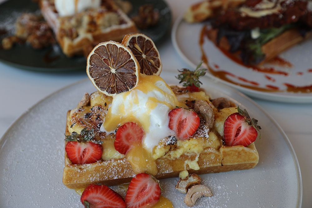 Creme Brulee Waffles at Waho Cafe