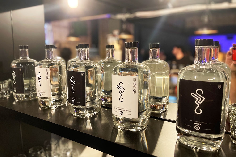 Bottles of gin on a shelf inside Warehouse 25 Milton