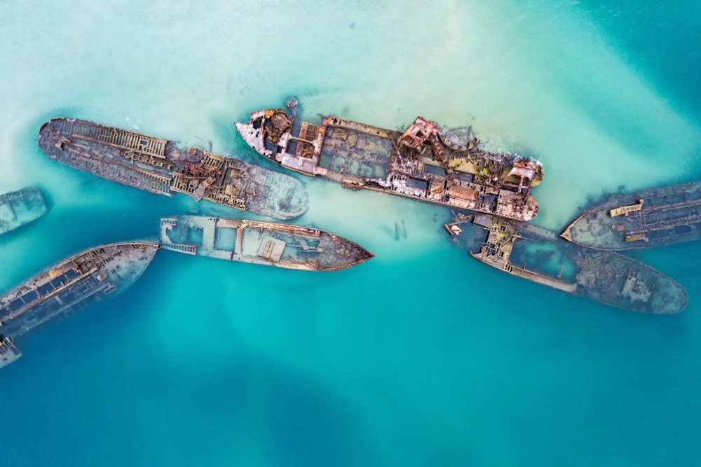 Aerial shot of the Tangalooma Island Wrecks 