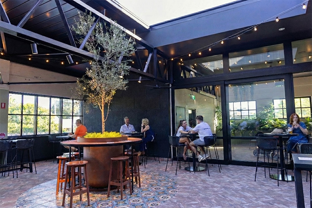 Tree in pot on terrace at Zephyr Bar