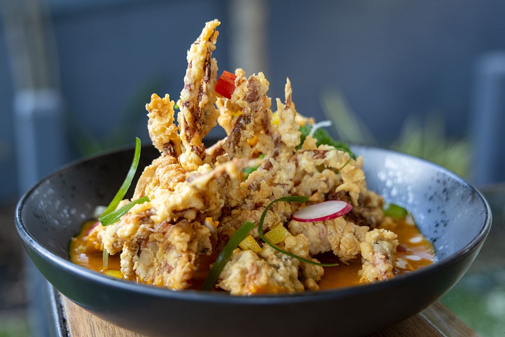 Bowl of Soft Shell Crab with Yellow Curry at Boo's Kitchen, Woolloongabba