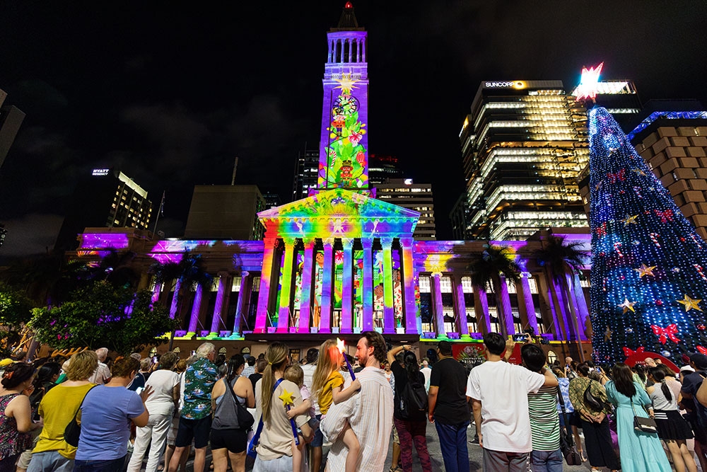 Lit up tree and Brisbane City Hall