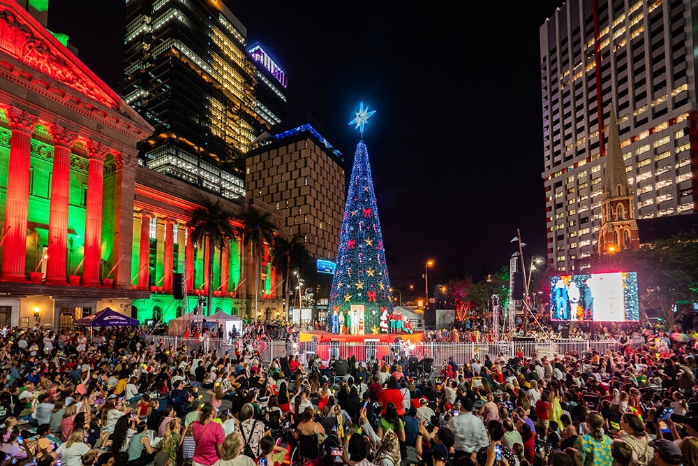 Lit up tree and Brisbane City Hall