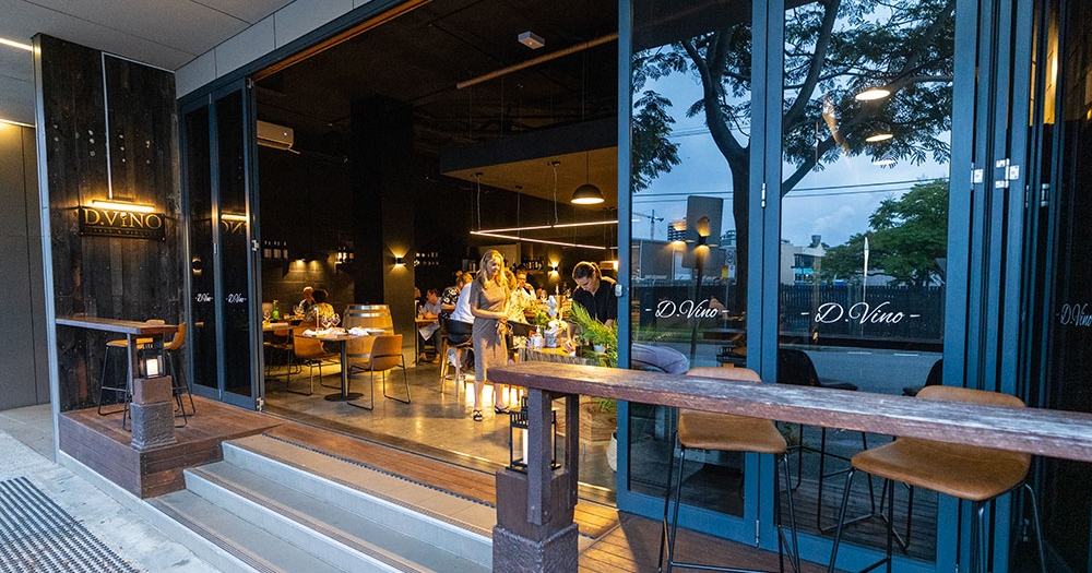 Lit-up entrance of D.Vino Woolloongabba