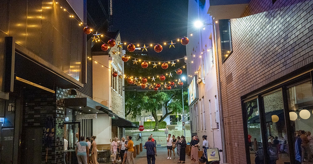 View of Brutus Bar & Fish Lane by night