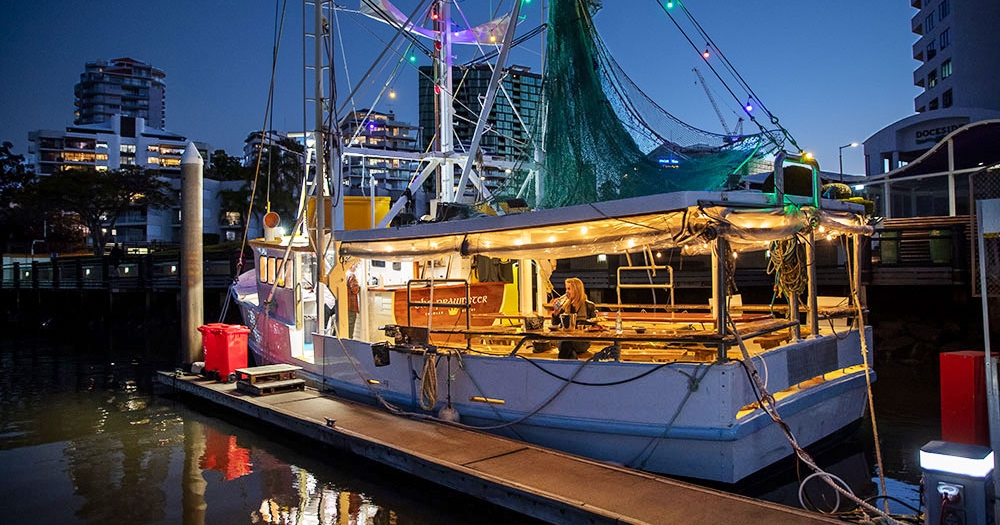 The Prawnster floating seafood restaurant onboard a vintage prawn trawler